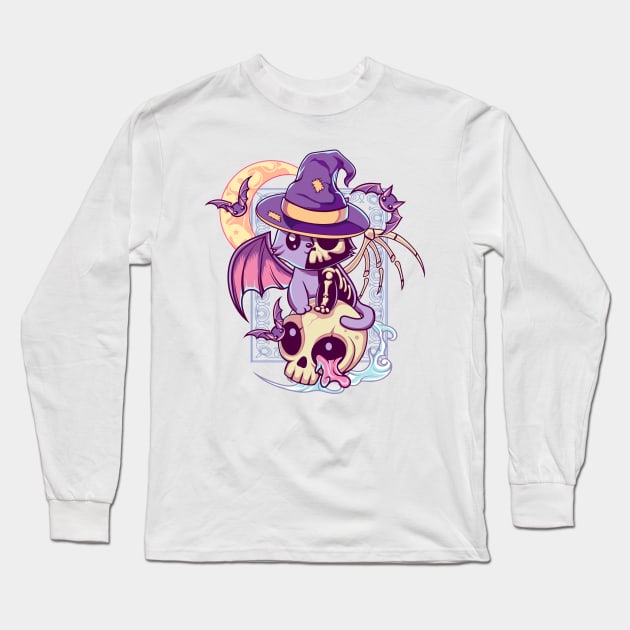 Skull Cat Kawaii Gothic Long Sleeve T-Shirt by DionArts
